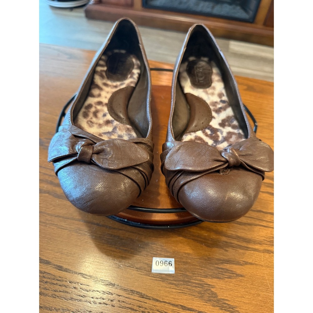 Born Brown Leather Bow Ballet‎ Flats Leopard Print Lining B59457 Womens 7.5